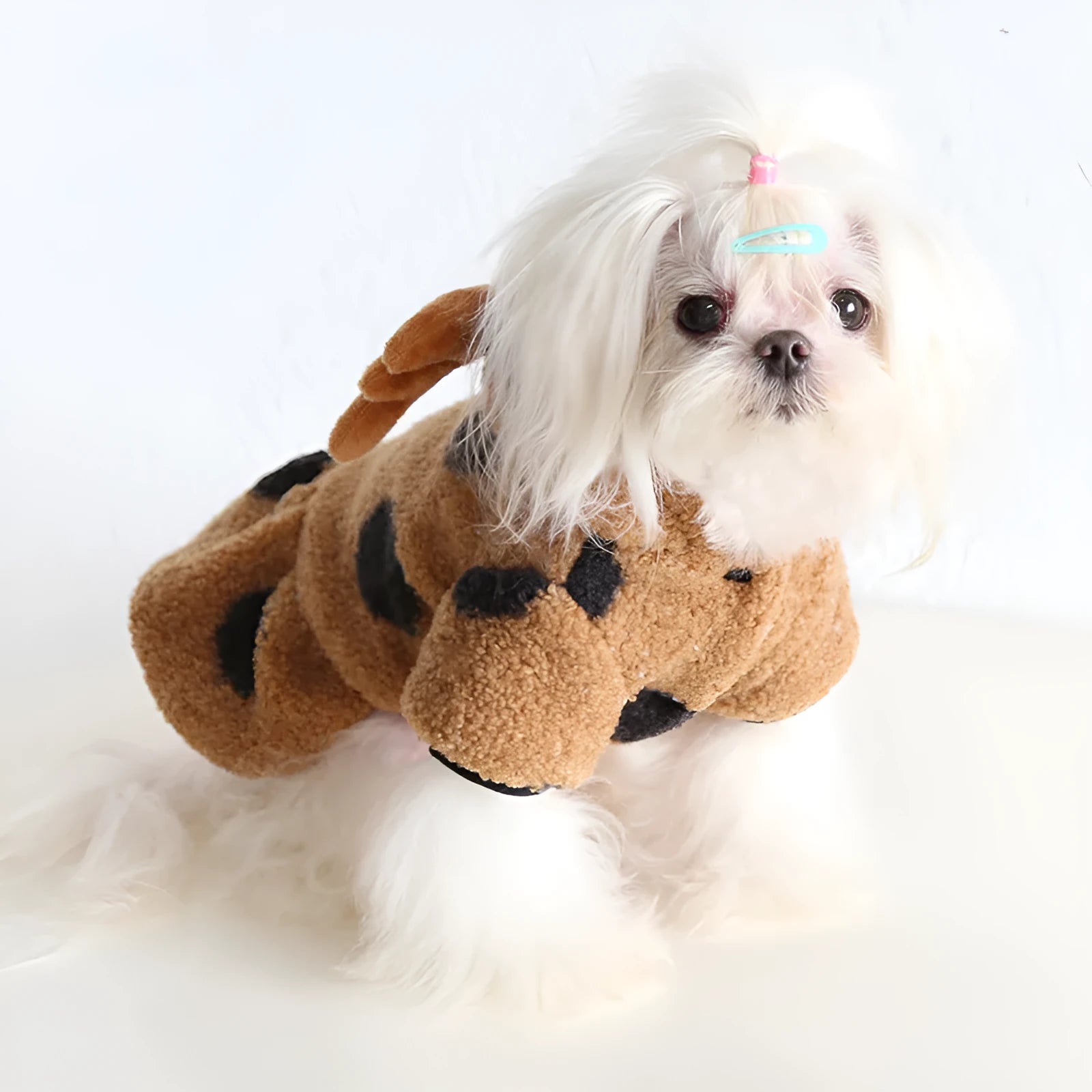 Polka dot pet clothing with elk couple design for dogs and cats in four-leg or skirt style options