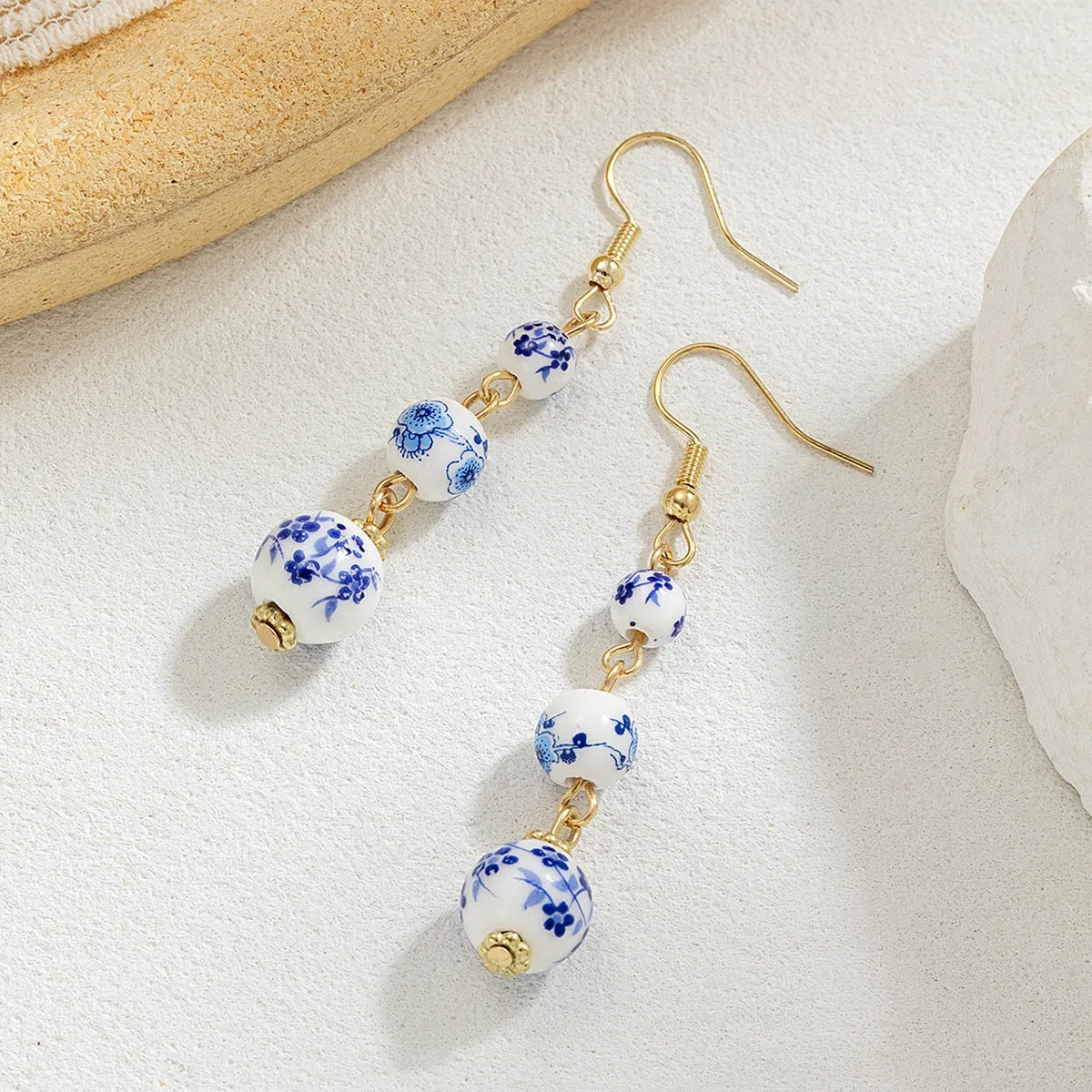 Blue and white porcelain ceramic bead retro earrings with geometric Chinese style design