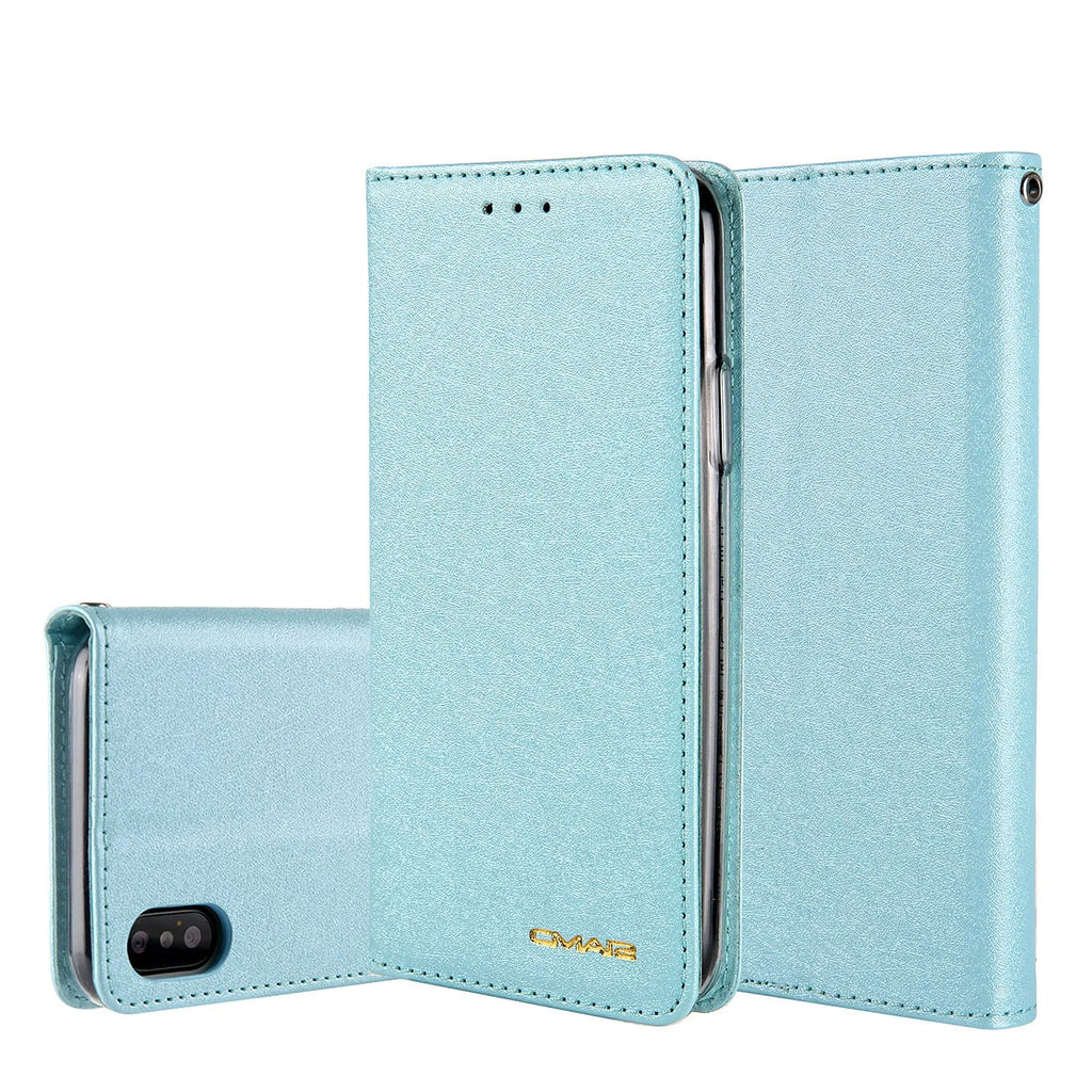 PU leather flip phone case for iPhone with card slots shown in multiple colours