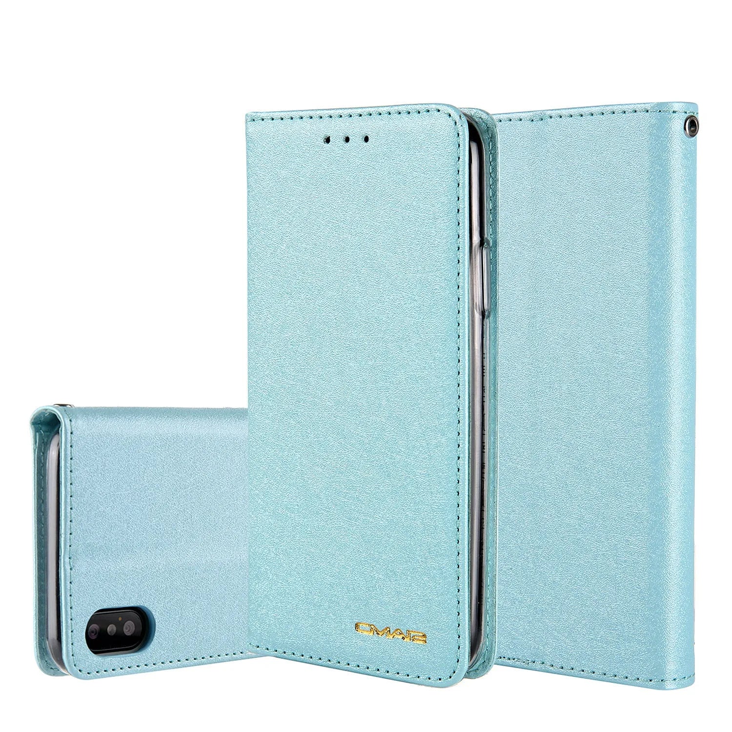 PU leather flip phone case for iPhone with card slots shown in multiple colours