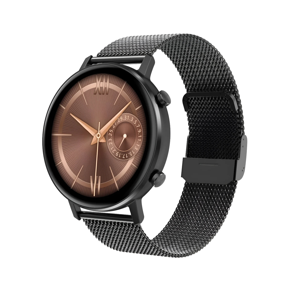 DT96 smart bracelet with steel strap and colour touch screen in black, rose gold, and silver