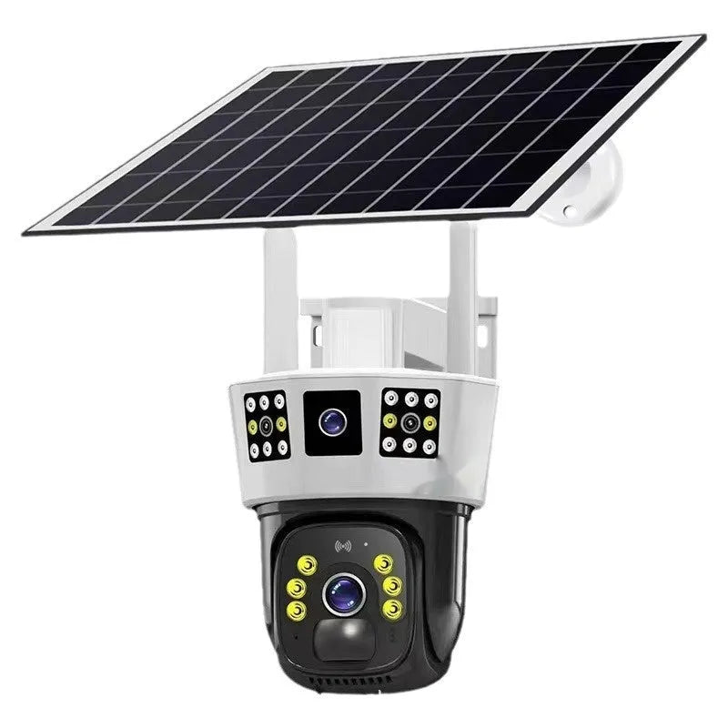 Solar-powered outdoor security camera with three-screen surveillance display and solar panel