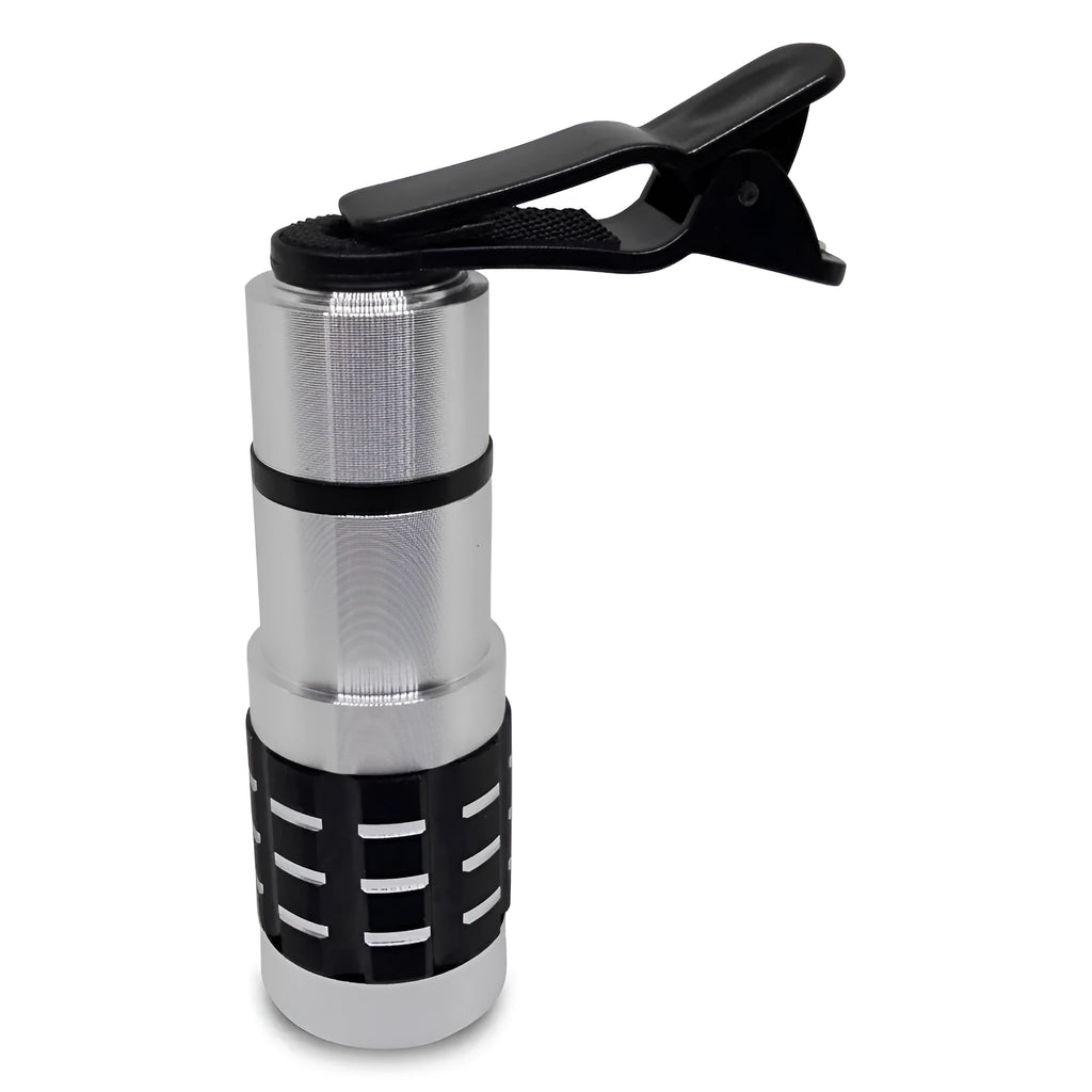 Universal 12x telescopic zoom lens with collar clip for smartphones on a white background.