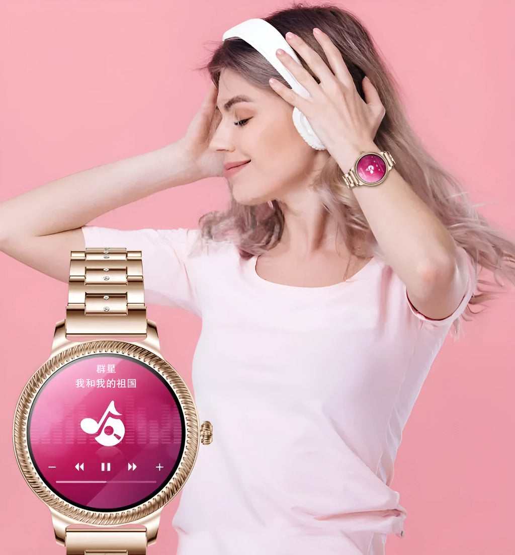 AK38 ladies smart watch with stainless steel Milanese band on a wrist, showing the 1.09-inch colour screen.