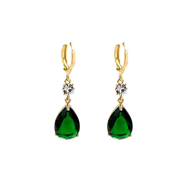 Emerald green geometric teardrop alloy earrings with structured drop design