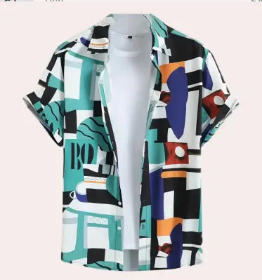 Men's camouflage pattern short sleeve shirt with 3D digital printing detail on elastic polyester fabric