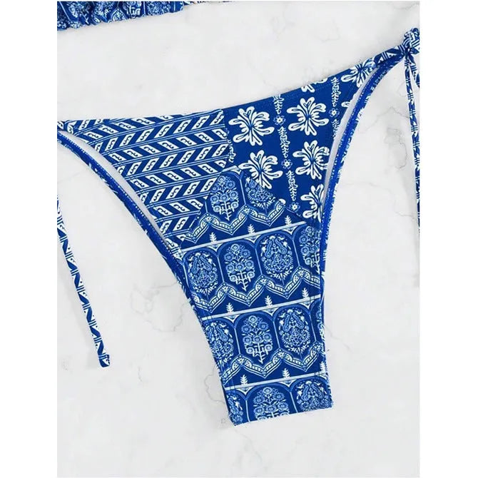 Women's split bikini swimsuit with stitching bandage design in polyester fabric for swimming