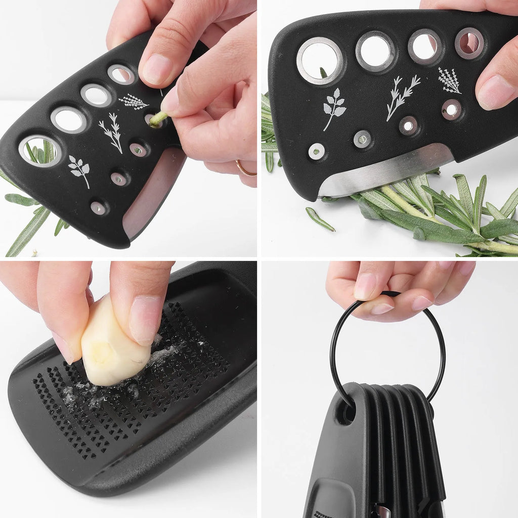 Six kitchen gadgets stacked together with cleaning brush in colour box packaging