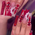 Sweet flower pattern fake nails with red diamond decorations in long European Square shape