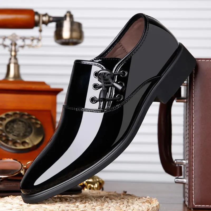Men's black and brown business formal shoes with a square rubber heel and round toe.