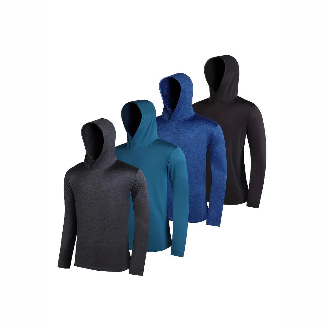 Set of four men's lightweight polyester hoodies on a hanger, showing colour options and style with hat.