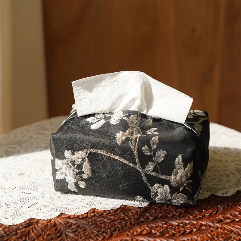 New Chinese style brocade fabric tissue box cover with embroidered white plum pattern