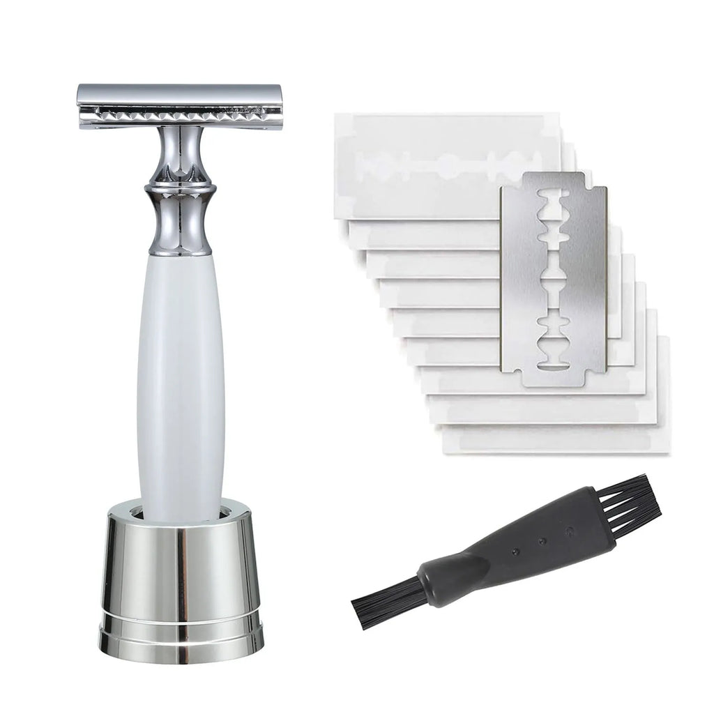 Men's copper manual shaving razor with olive wood handle and aluminium blade holder