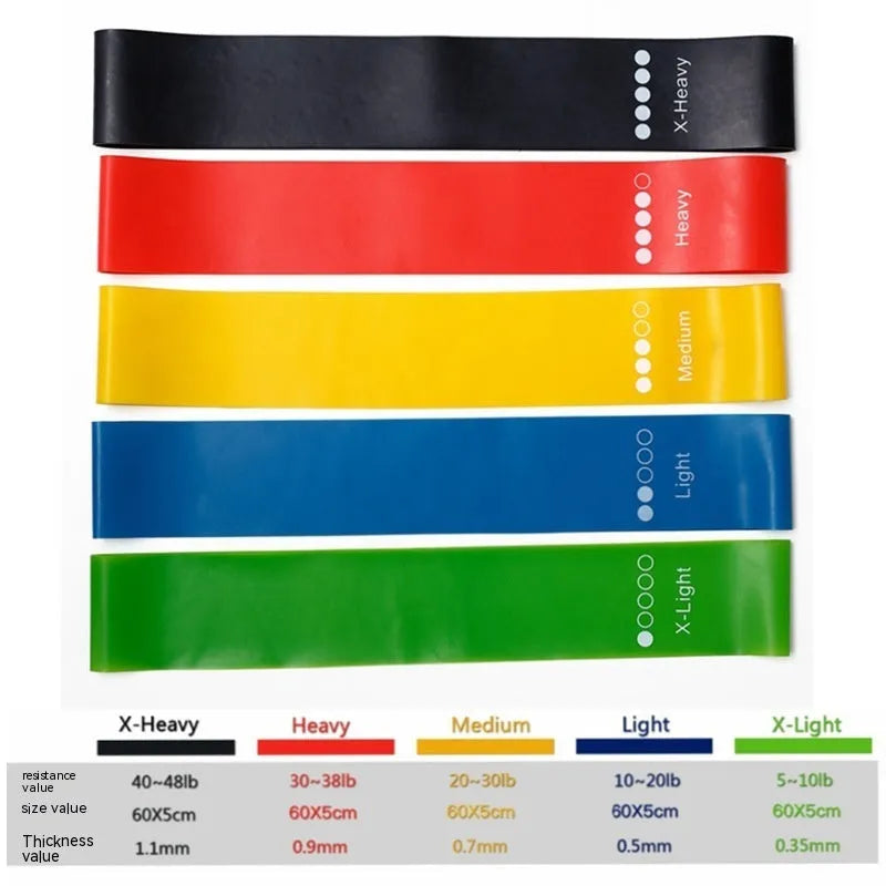 Set of five yoga tension straps in various colours including green, blue, yellow, red, and black options