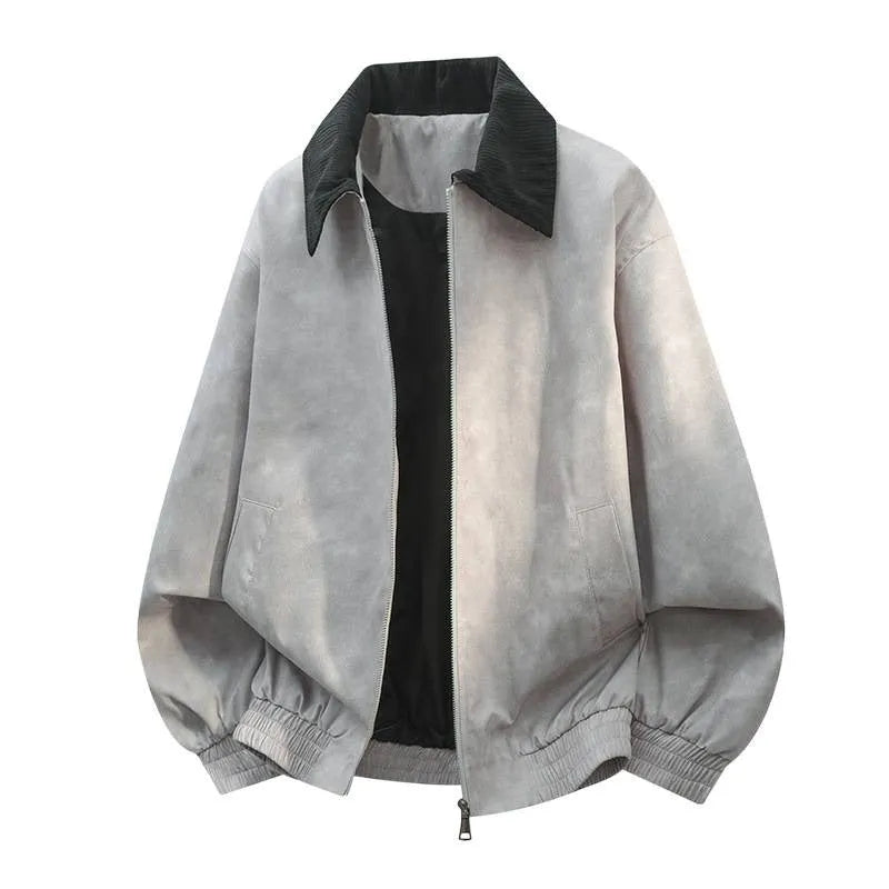Men's stitching lapel casual jacket in Vinylon fabric showing straight hem design and side seam pockets
