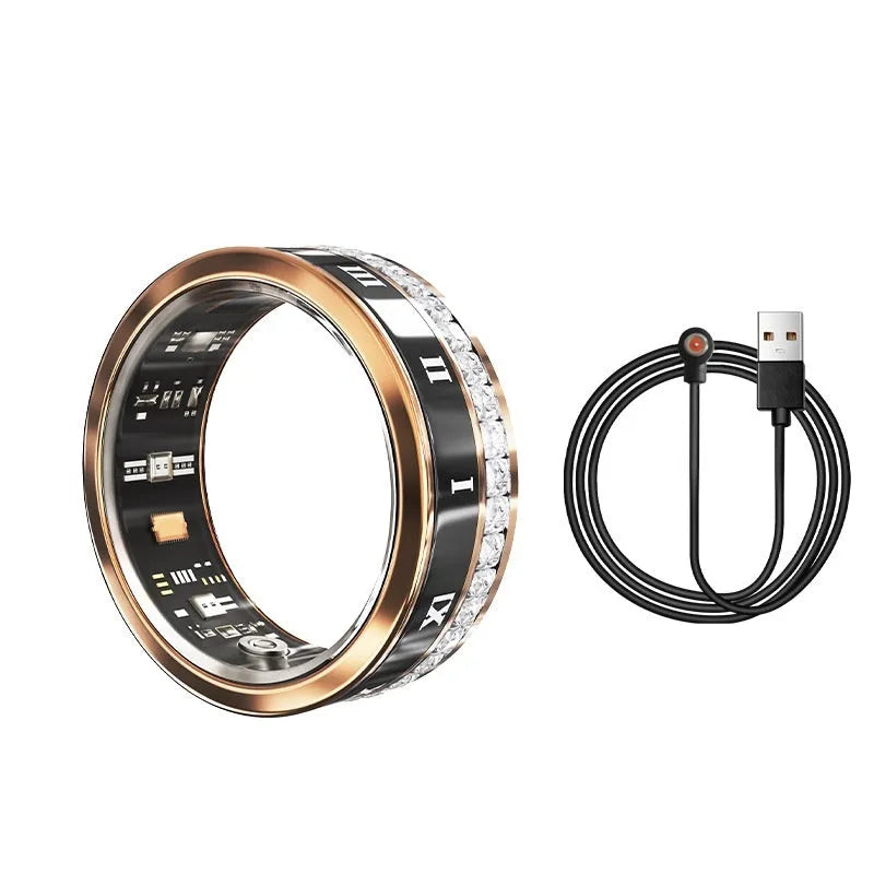 Diamond inlaid smart ring for blood oxygen monitoring in silver and gold colours on a finger.