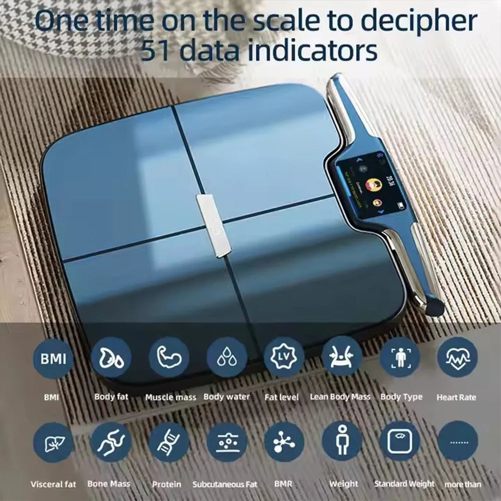 Black eight-electrode body fat smart scale showing electronic display, 45cm square.
