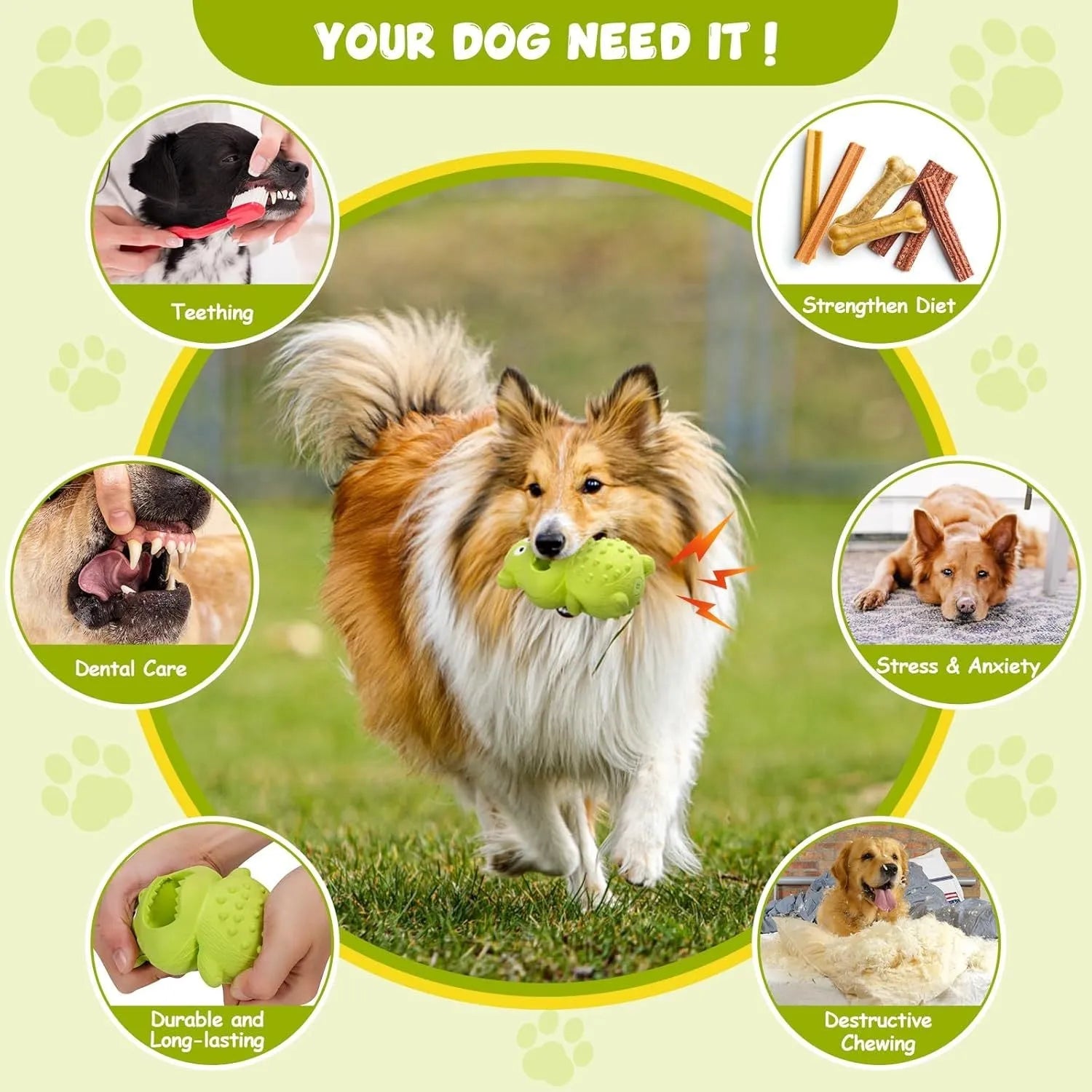 Green and yellow natural rubber squeaky dog toy for aggressive chewing dogs.