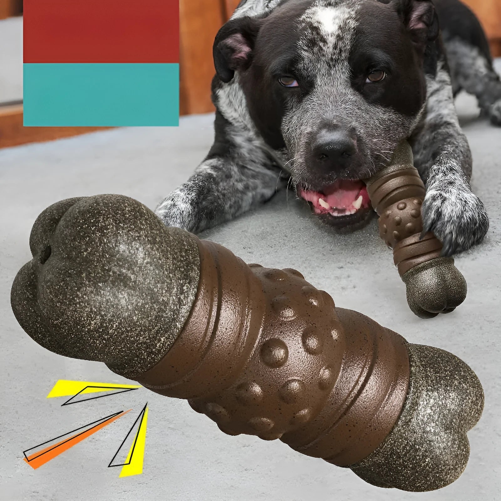 Wood colour plastic dog molar cleaning rod toy measuring 22cm in length