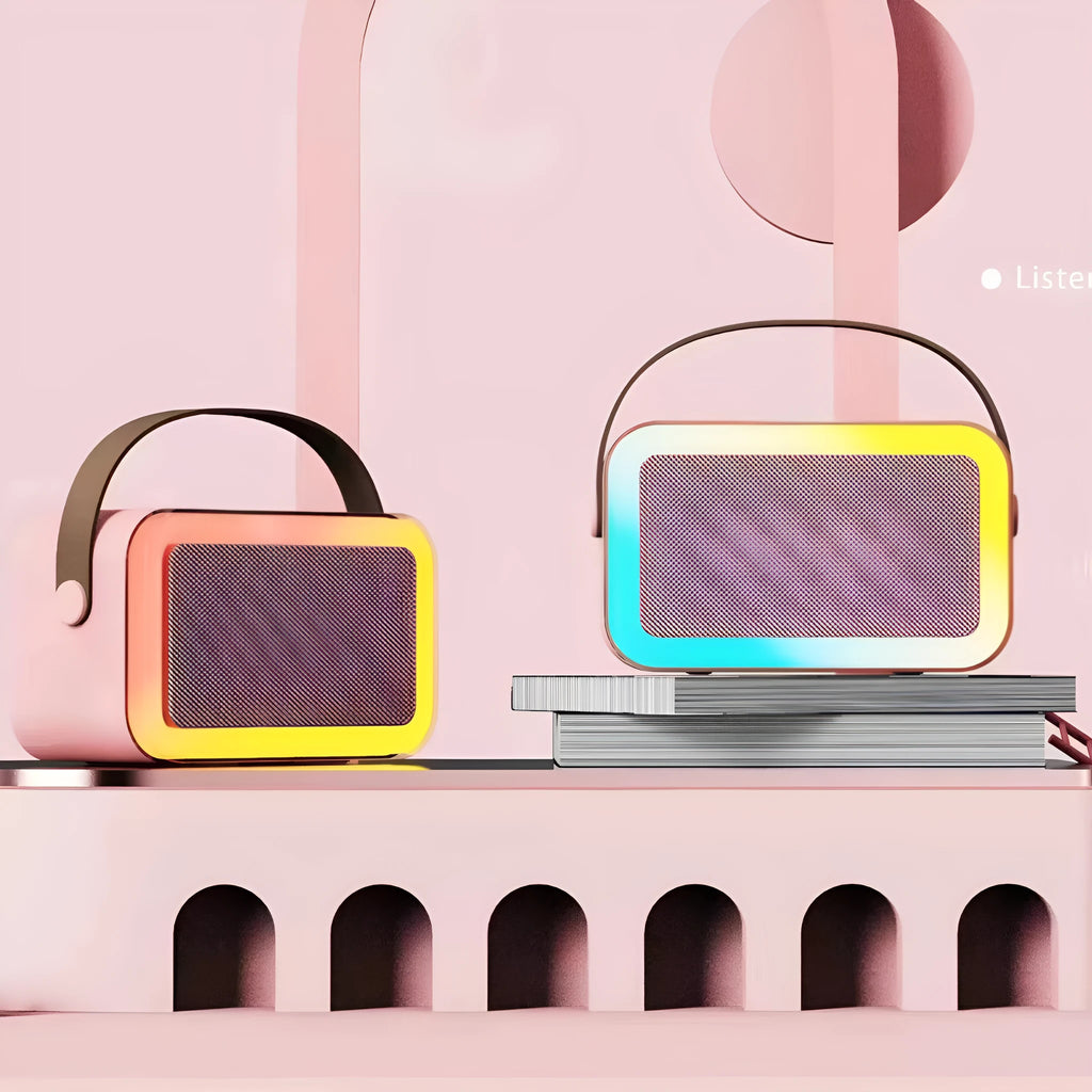 Portable Bluetooth karaoke speaker with microphone in pink, sky blue or white colours