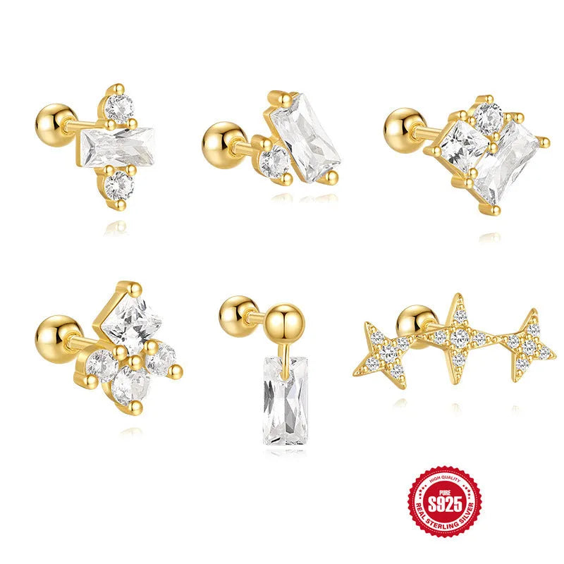 Close-up of a golden floral stud earring with a square gravel texture, made from S925 sterling silver.