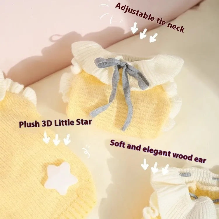 Yellow XINGX style dog sweater on small breed dog showing chest measurement and acrylic fabric