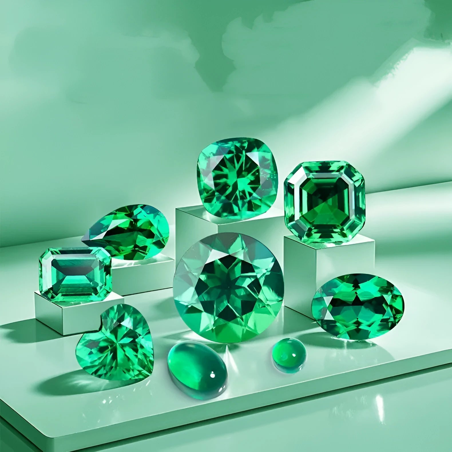 Cultivated emerald gemstone showing Columbia green treasure colour in round and grandmother cut sizes