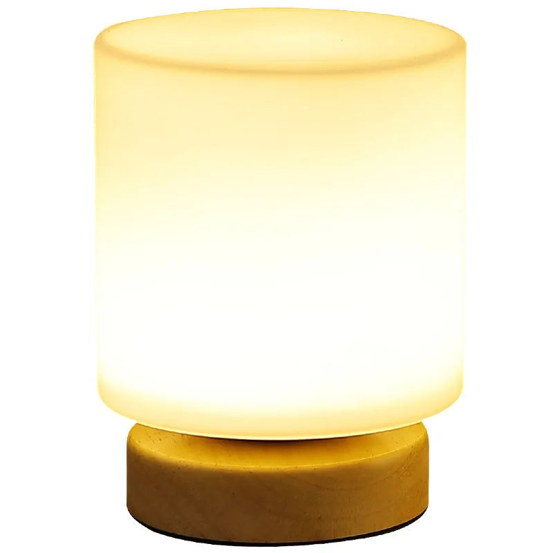 Nordic solid wood USB table lamp showing touch dimming and available shape options including cube and cylinder designs.