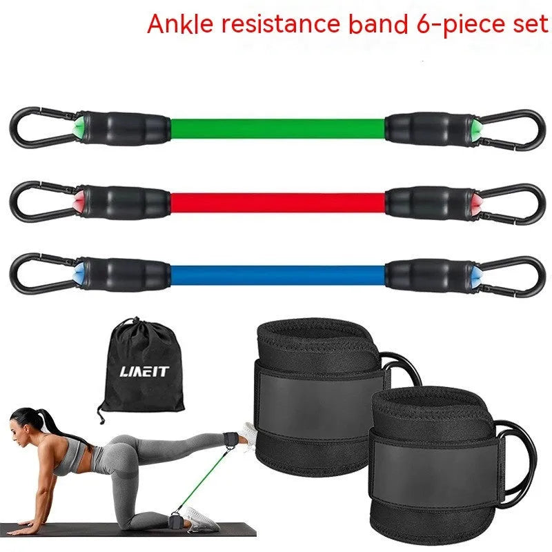 Yoga resistance band set with three tension levels and foot loops for hip and leg exercises