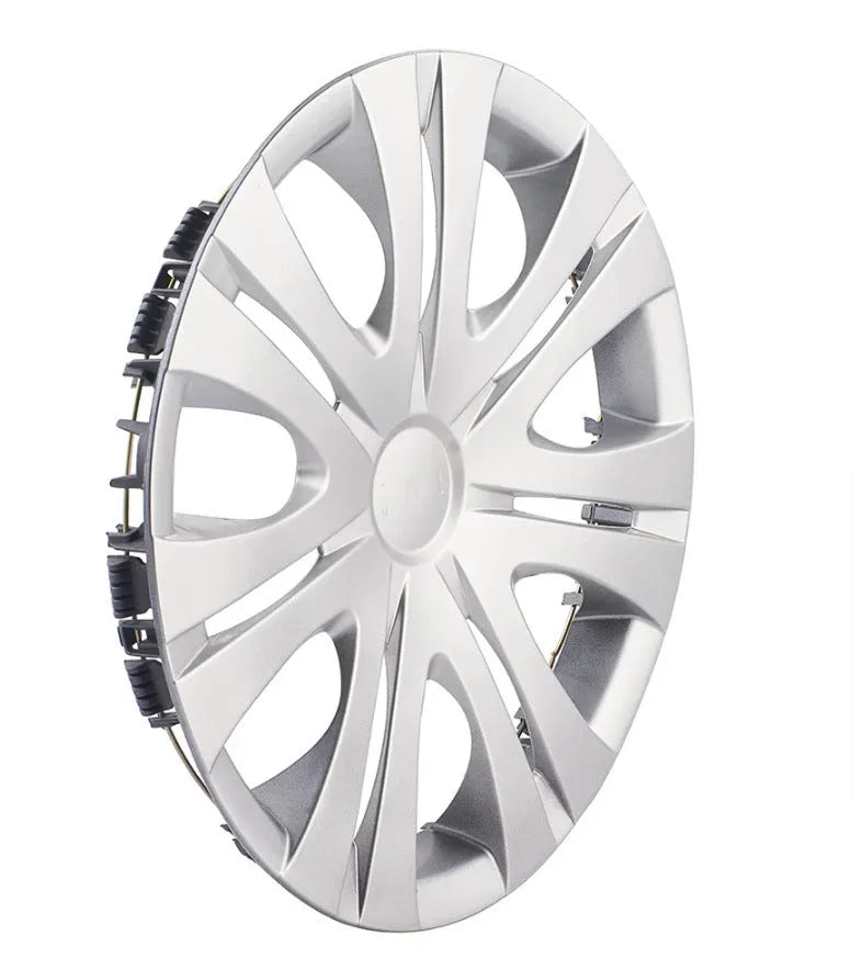 Universal monochrome ABS plastic wheel hub cover in silver, black, and electroplated finishes for 13-16 inch car rims.