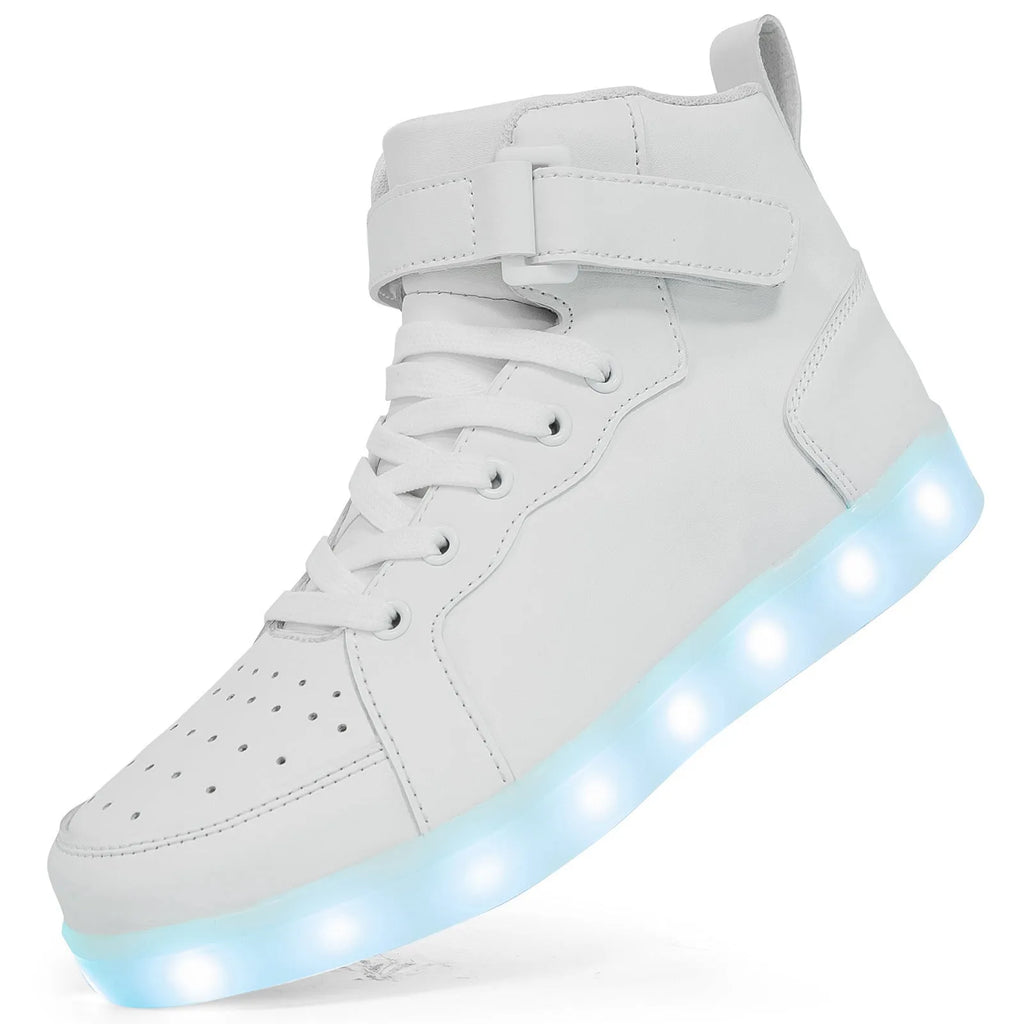 Pair of black high-top sneakers with LED lights illuminated on the side and Velcro straps.