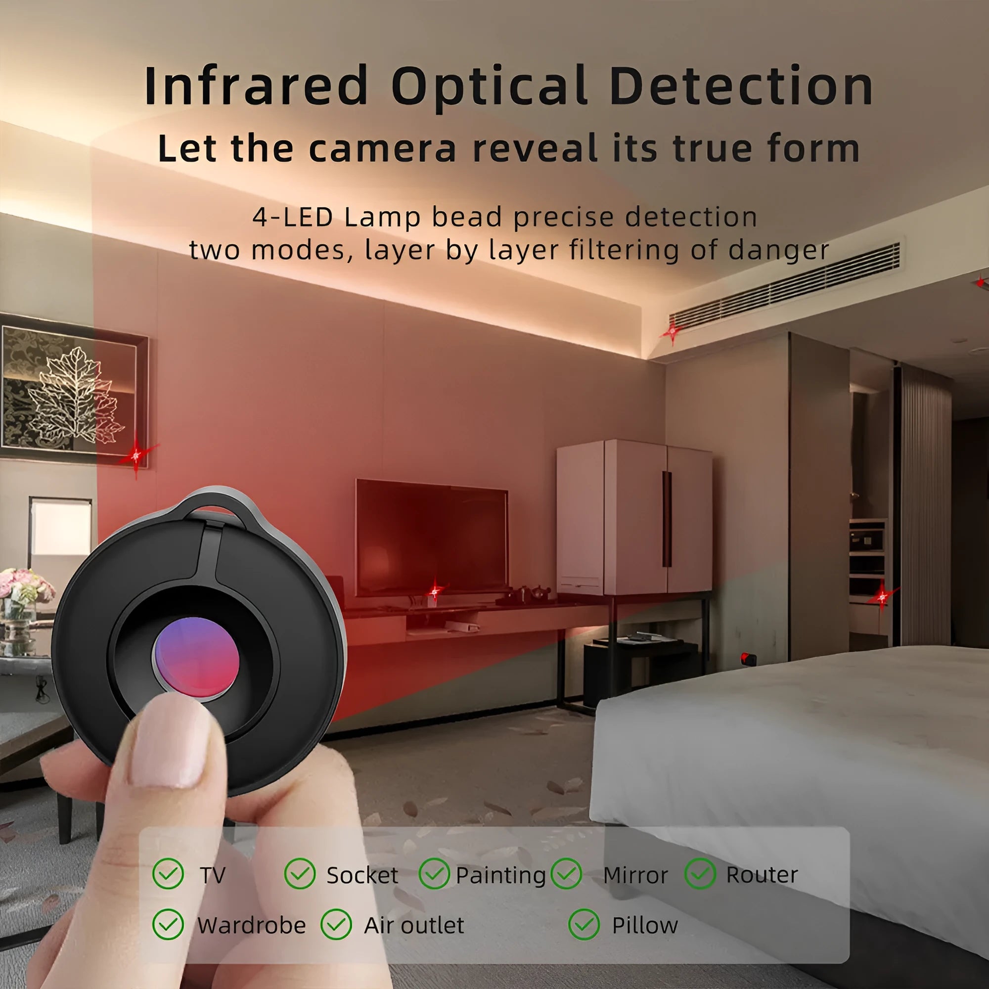 Compact infrared camera detector for finding hidden surveillance devices with 5 metre range
