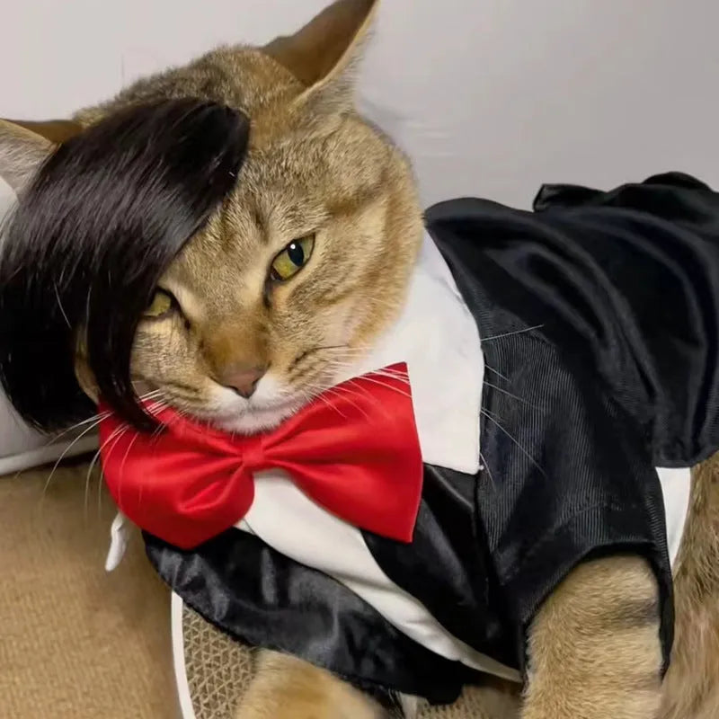 Black imitation braid cat wig with fox tail style design for pet dressing up