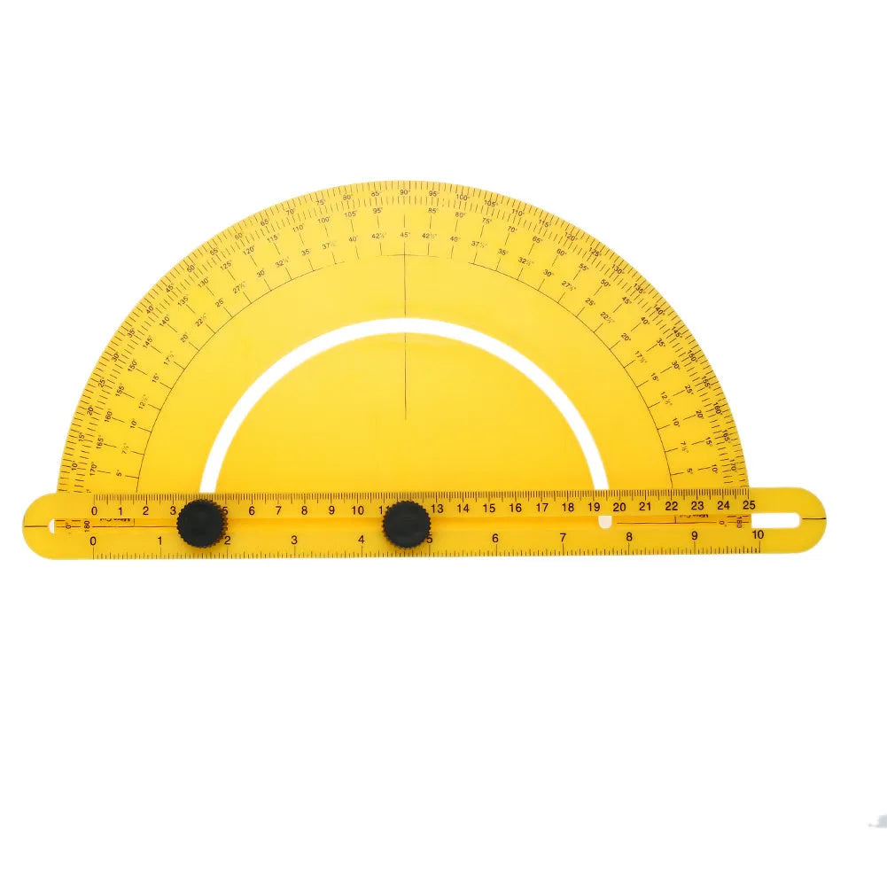 Plastic 180 degree carpentry ruler with measuring arm for woodworking and tiling applications