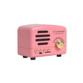 Vintage wood finish Bluetooth speaker in black, pink and wood grain colours showing compact 93x70x59mm dimensions