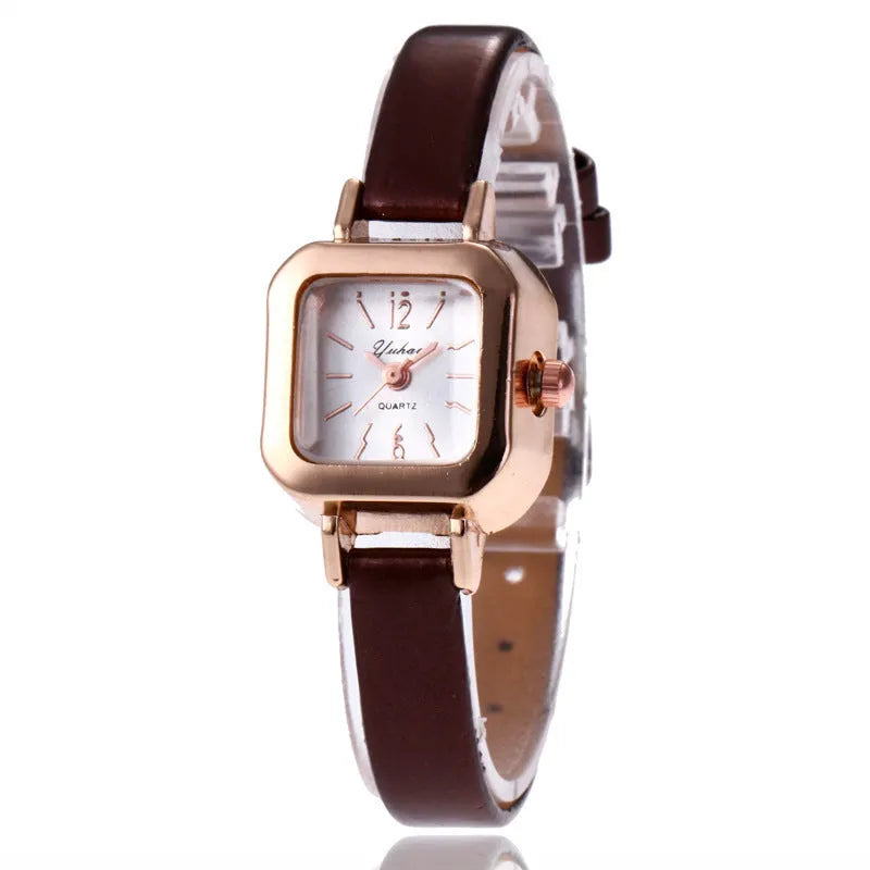 Women's fashion watch with art retro design, alloy case, shown in black, white, pink, and brown colour options.