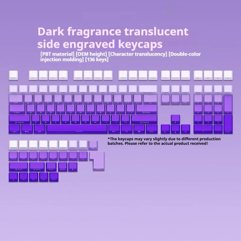 OEM height side-engraved 136-piece plastic key cap set for mechanical keyboards, 320x165x32mm, six colours