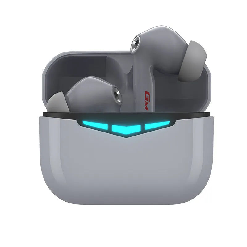 True wireless Bluetooth gaming headset in black, pink, white, or grey with charging case and three ear tip sizes.
