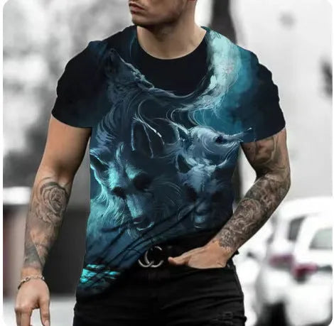 Close-up of a men's retro style t-shirt with a detailed 3D animal graphic print on thin polyester fabric.