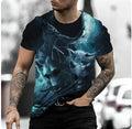 Close-up of a men's retro style t-shirt with a detailed 3D animal graphic print on thin polyester fabric.