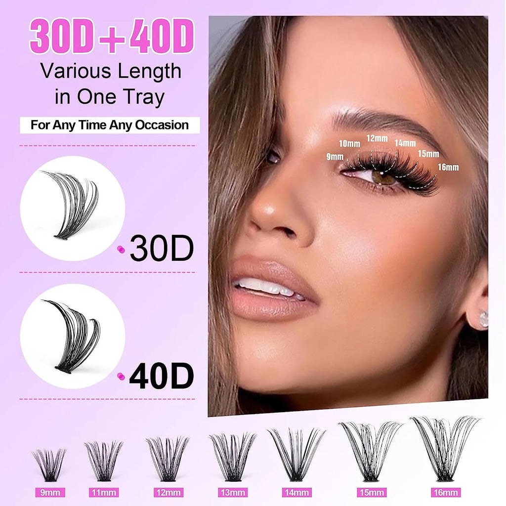 DIY cluster false eyelashes kit with 30D and 40D high-grade fibre lashes 9-16mm including tweezers