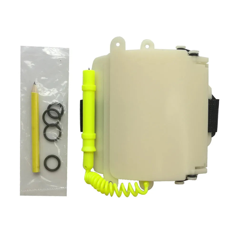 White luminous ABS wristboard for underwater diving communication with attached pencil
