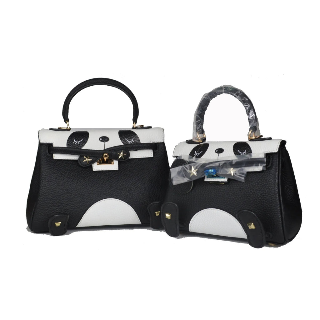 Panda animal print cow leather handbag in a horizontal square shape, shown in two size options.