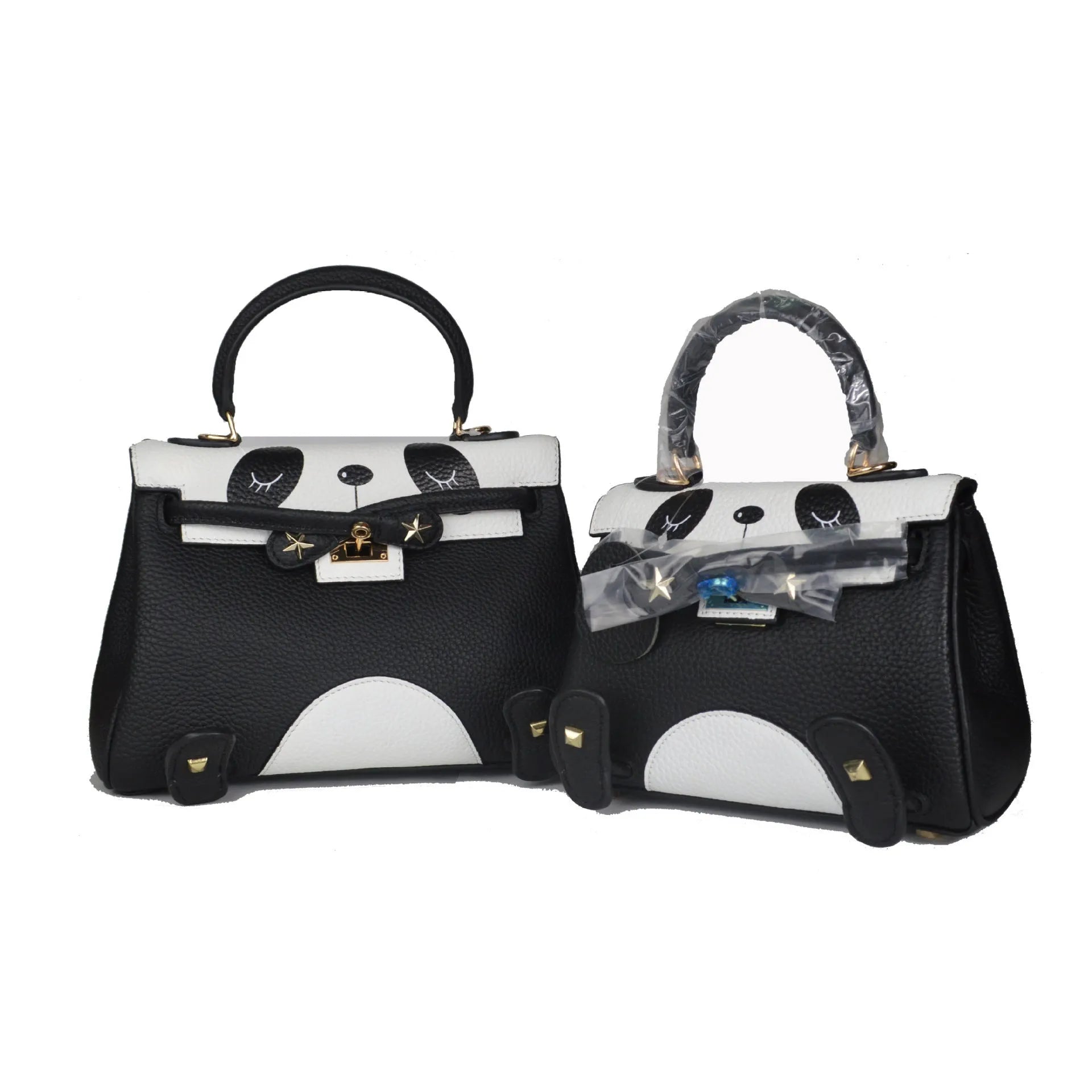 Panda animal print cow leather handbag in a horizontal square shape, shown in two size options.