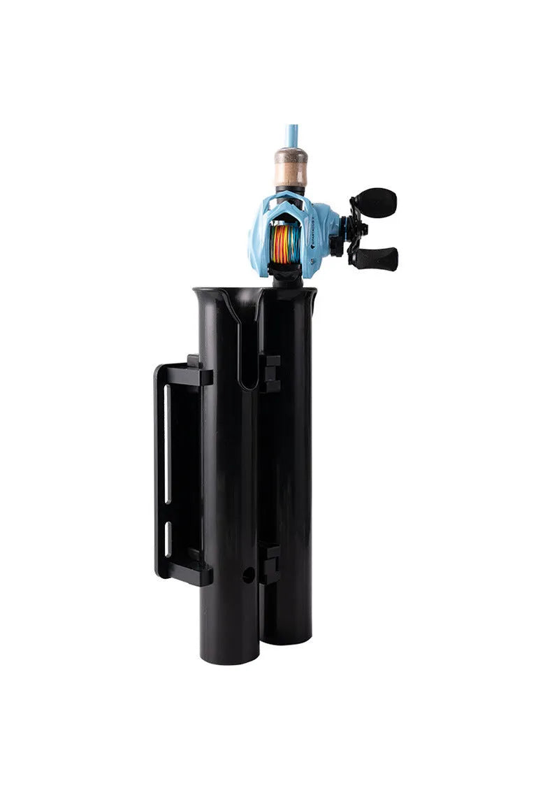 Plastic fishing rod rack with carbon reinforcement and clamp for bicycle mounting