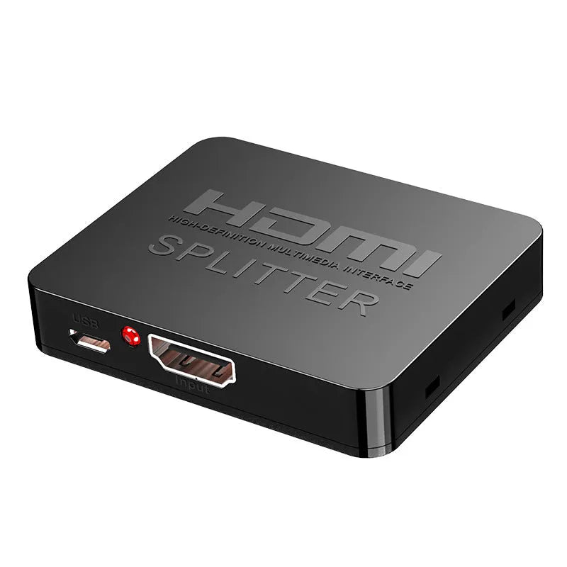 HDMI splitter device with one input and two output ports, shown with USB power cable.