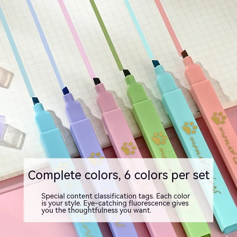 Box of six Cat's Paw fluorescent marking pens with oblique tips in assorted colours.