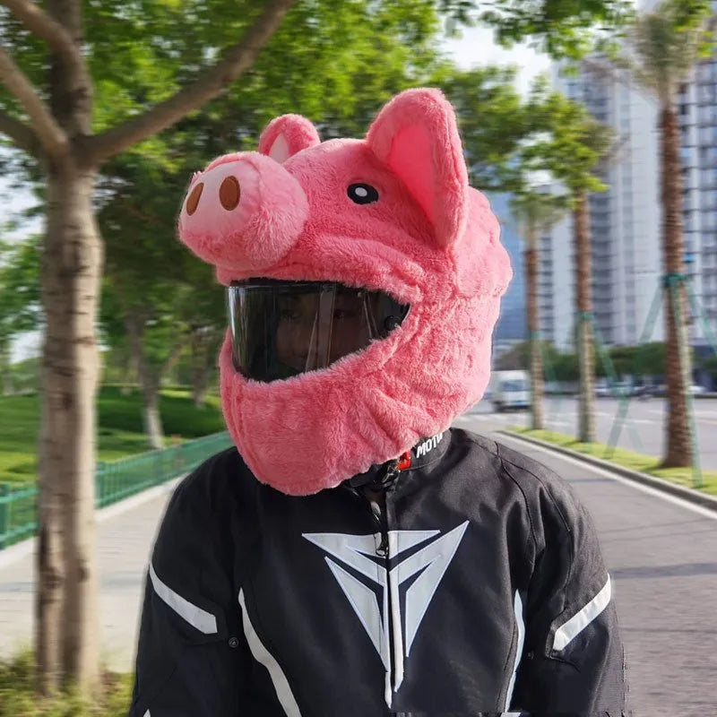Pink pig cartoon plush hood cover for a motorcycle helmet made from pv velvet cloth.
