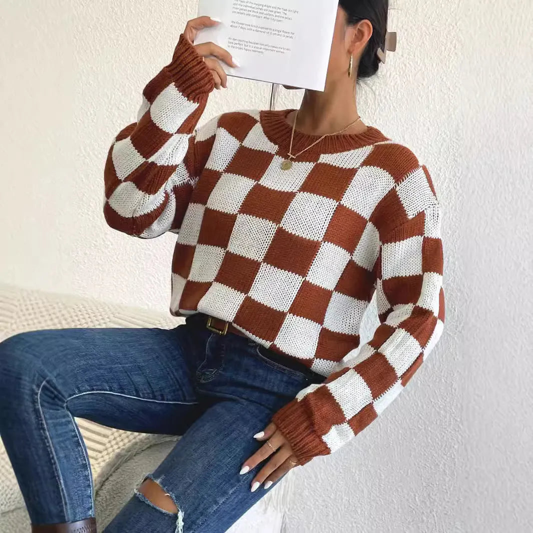 Dark brown acrylic plaid sweater with chessboard pattern, loose fit round neck, long sleeves