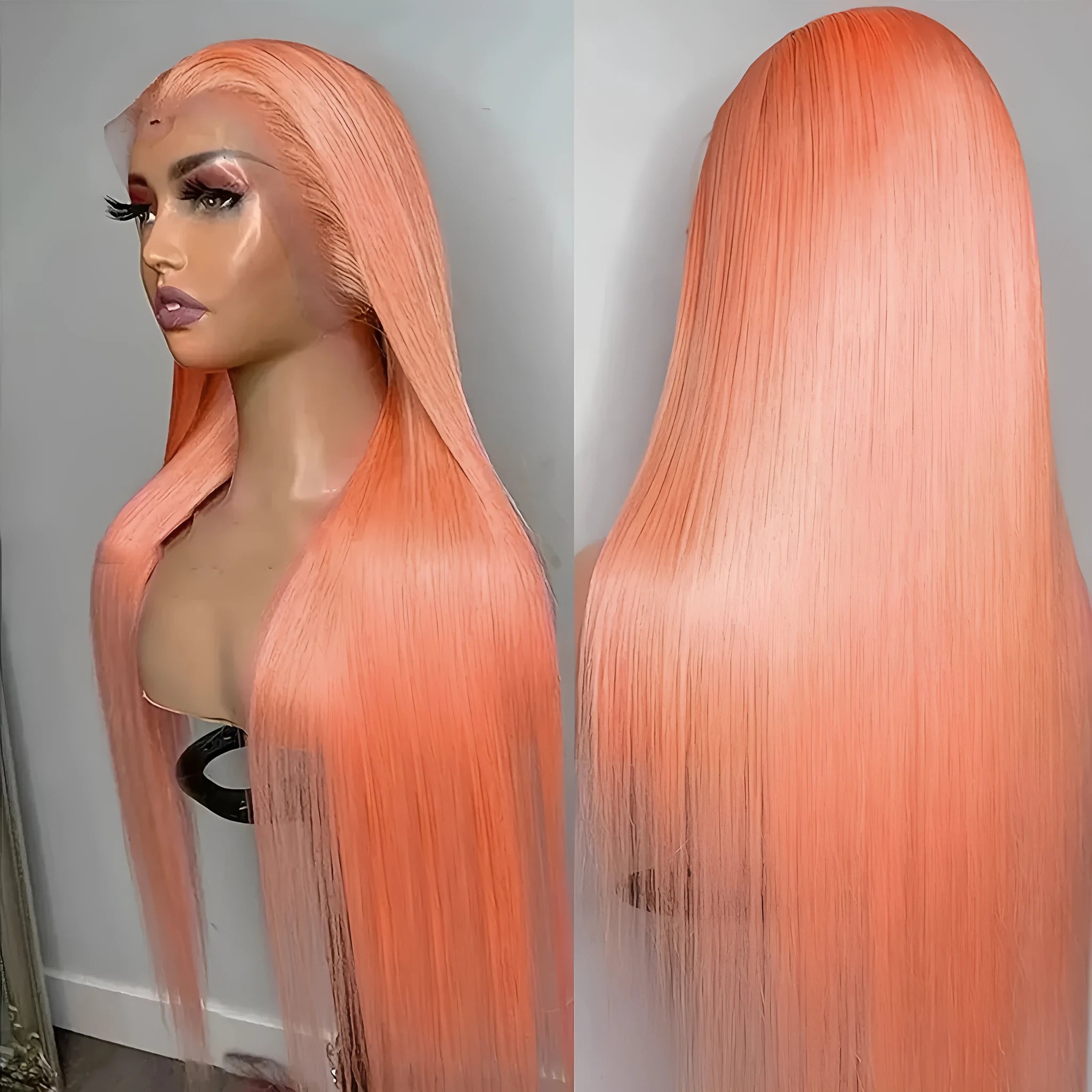 Light orange long straight front lace synthetic wig with side bangs, shown on a wig stand.